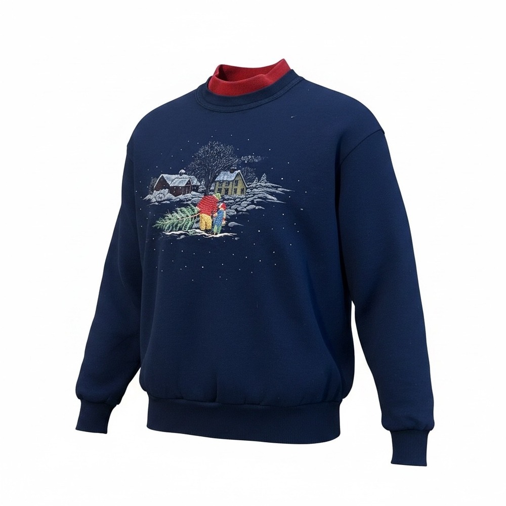 Vintage Top Stitch Morning Sun Christmas Sweatshirt Navy Blue‎ Winter Scene Sz M